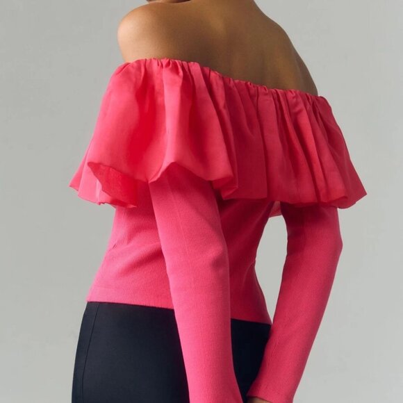 By Anthropologie Off-The-Shoulder Organza Ruffle Top Pink Long Sleeve Blouse XXS - Picture 4 of 8